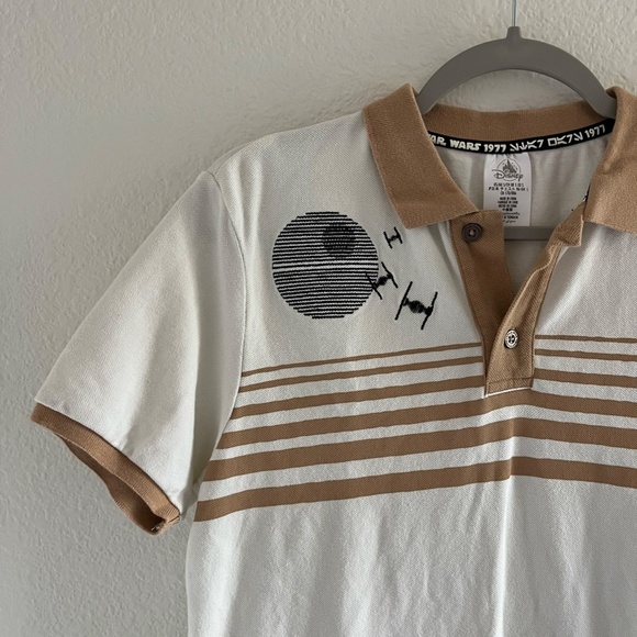 DISNEY STAR WARS | Embroidered Death Star Polo Shirt in Tan/White | Size Small - Picture 5 of 11